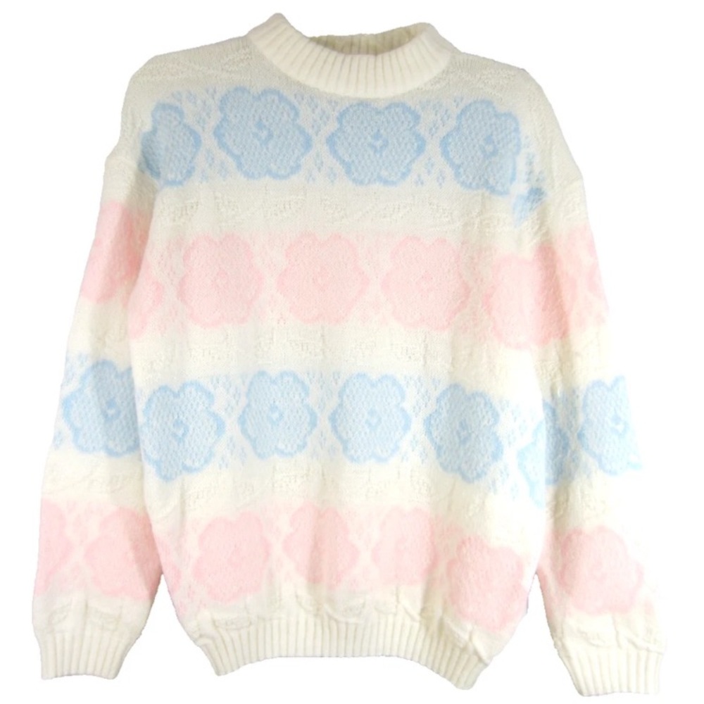 VTG Sweater L Pastel Floral Flower Mock Neck USA 80s Coquette Soft-girl Pullover